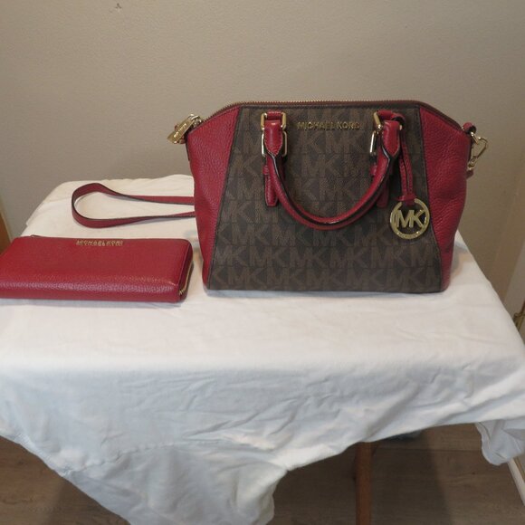 MICHAEL Michael Kors Red Pebble and MK Leather Satchel Crossbody and Wallet Set - Picture 2 of 15